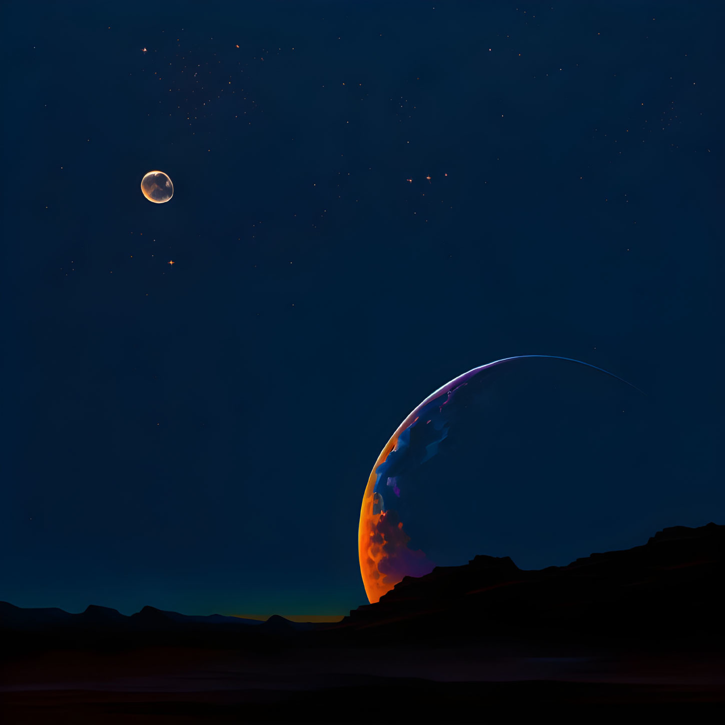 Nighttime surreal landscape with large crescent planet and starlit sky