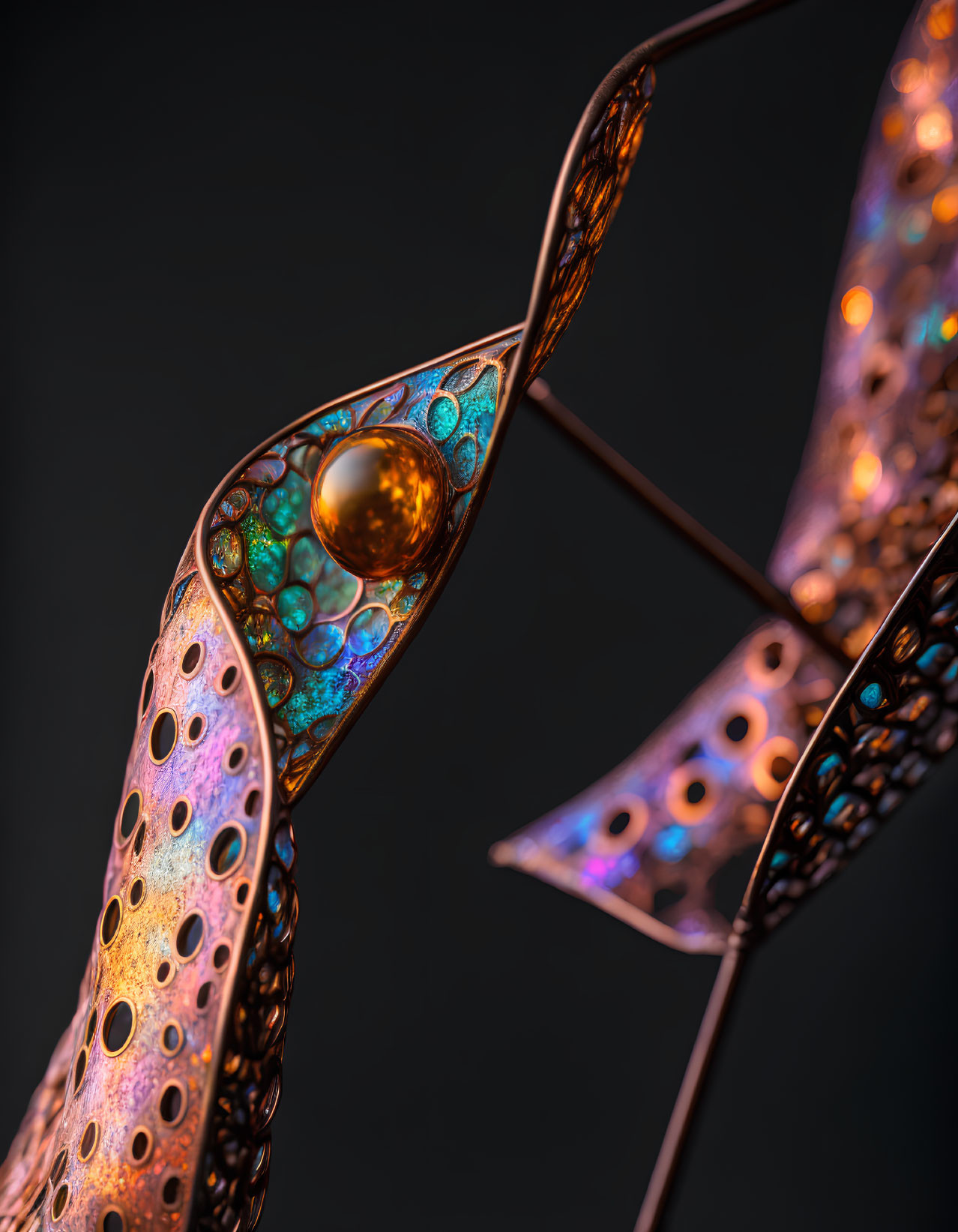 Iridescent Textured Abstract Metal Sculpture on Dark Background