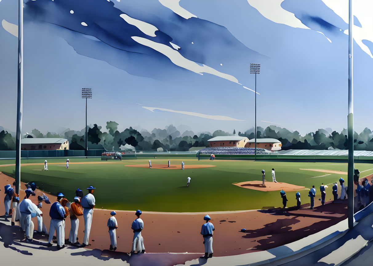 Baseball field with players warming up under clear blue sky