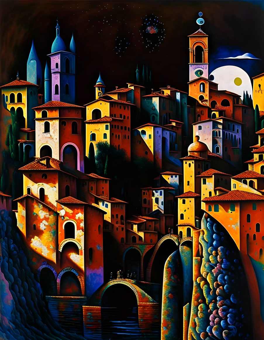 Whimsical night scene: vibrant town, starry skies, warm buildings