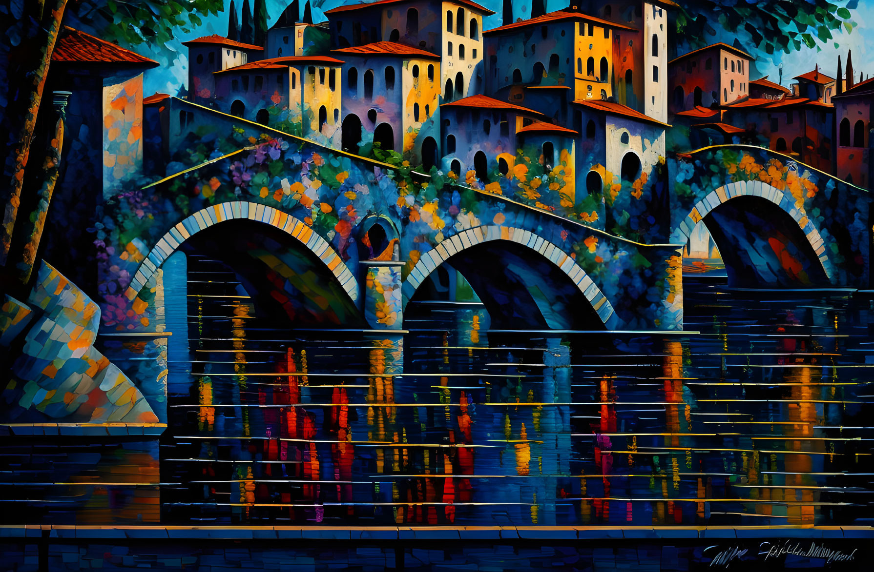 Vibrant cityscape painting with arched bridge over river