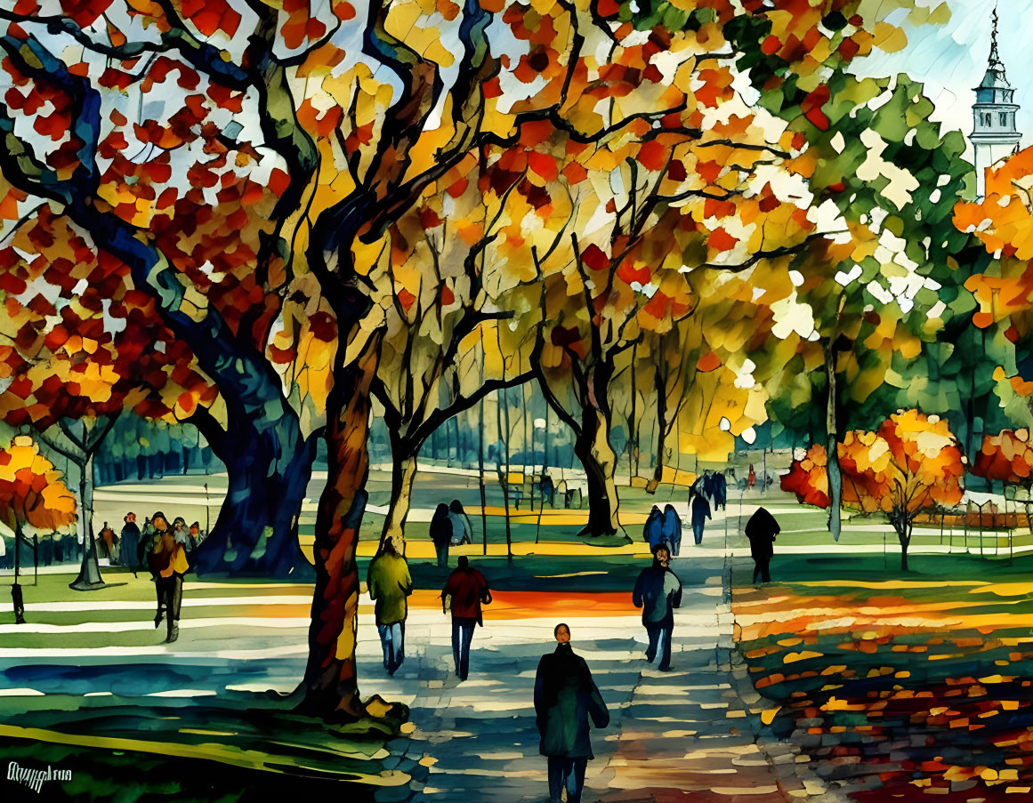 Vibrant autumn park with colorful trees and church tower