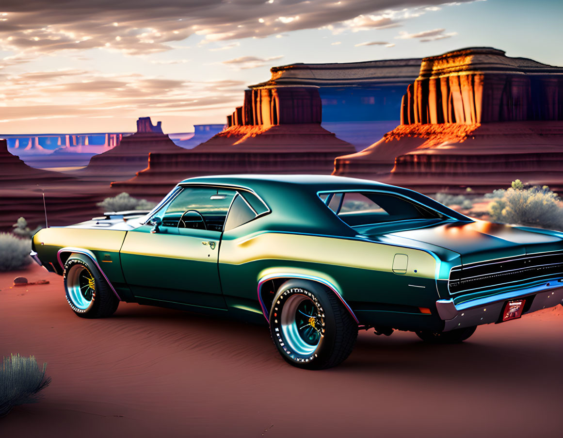 Vintage green muscle car in desert sunset with buttes and bushes.