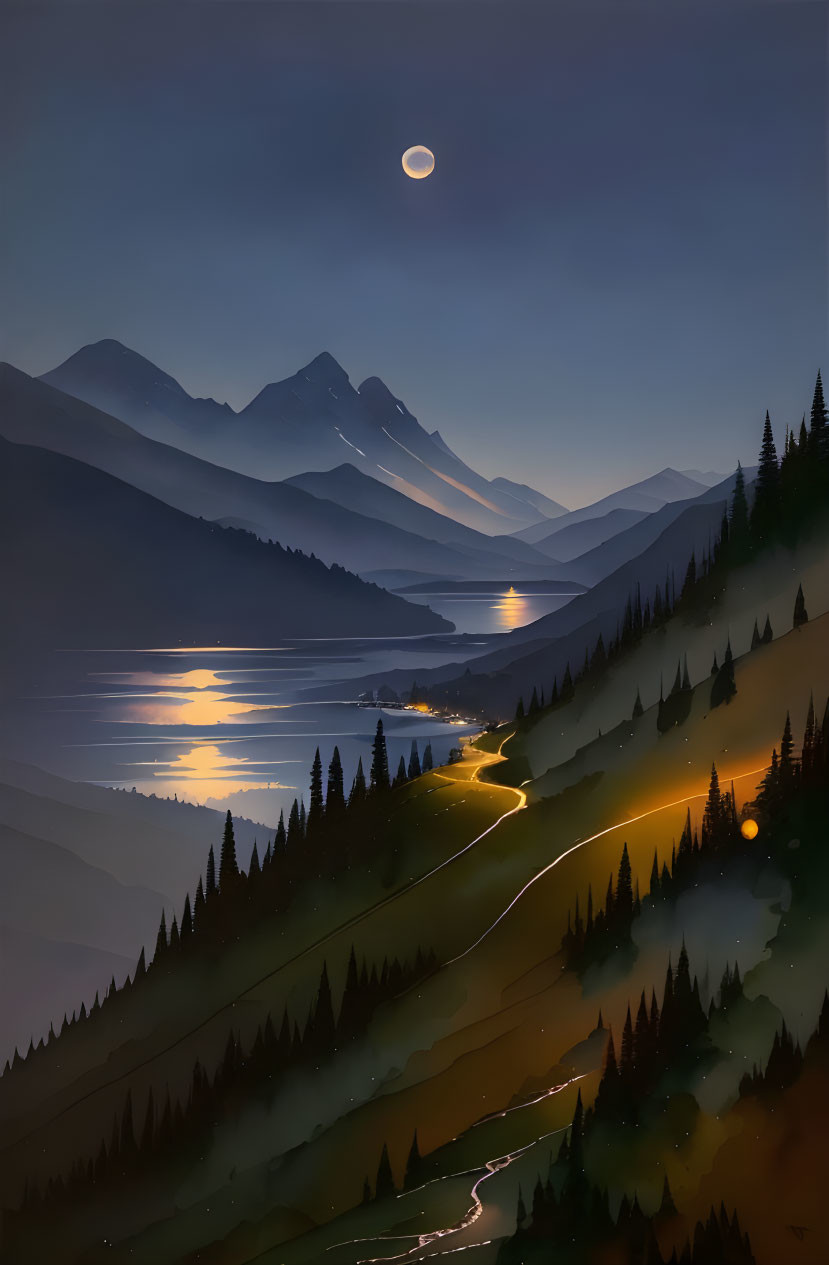 Moonlit night landscape with mountains, lake, road, and pine trees