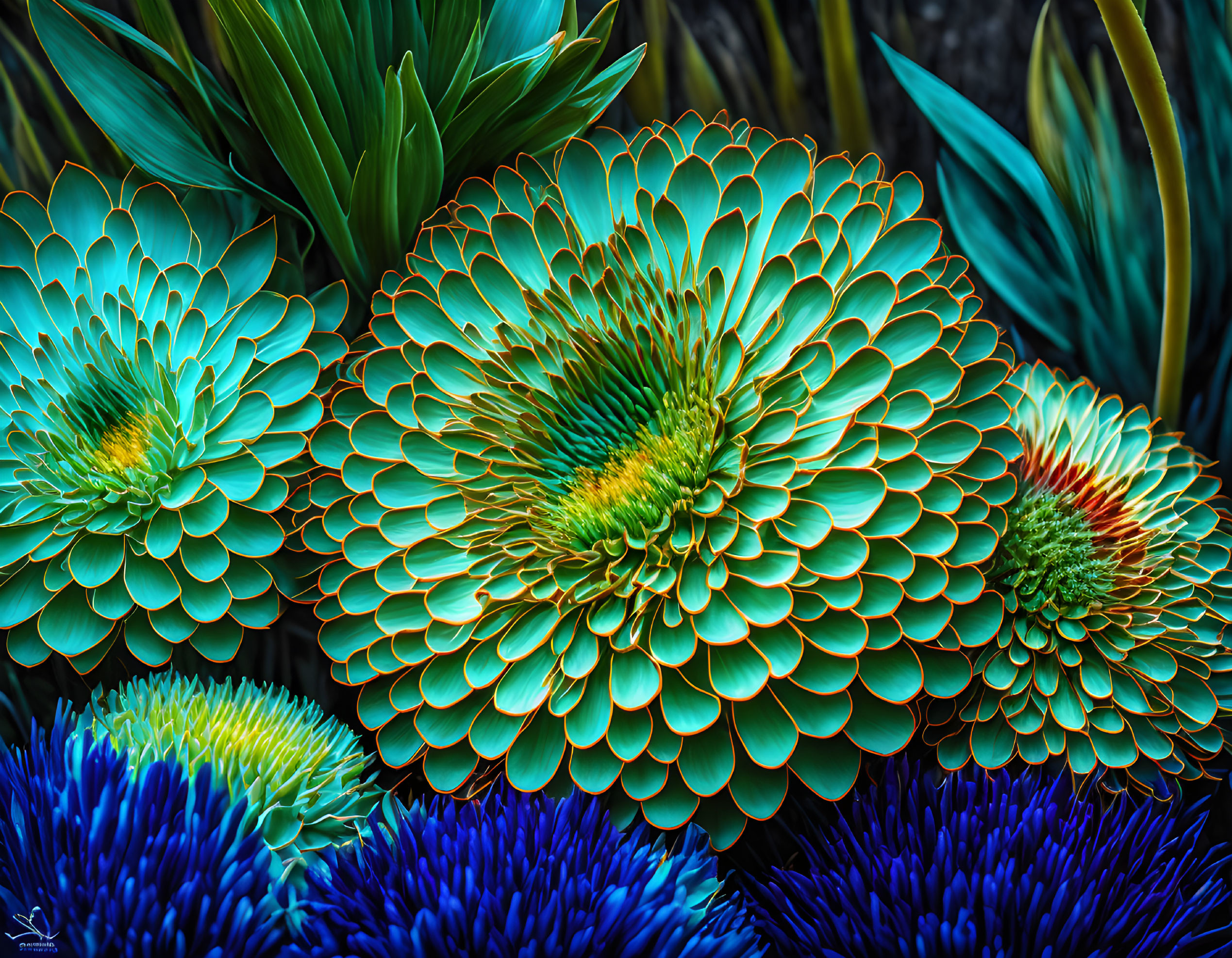 Colorful Teal and Blue-Green Flowers with Layered Petal Patterns