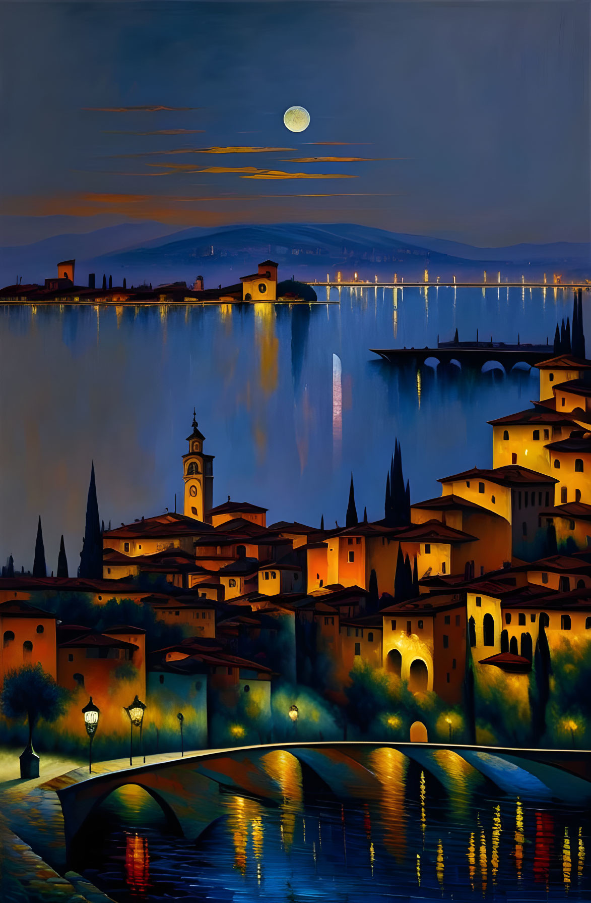 Moonlit cityscape painting with bridge, buildings, and lamps reflecting on water at twilight