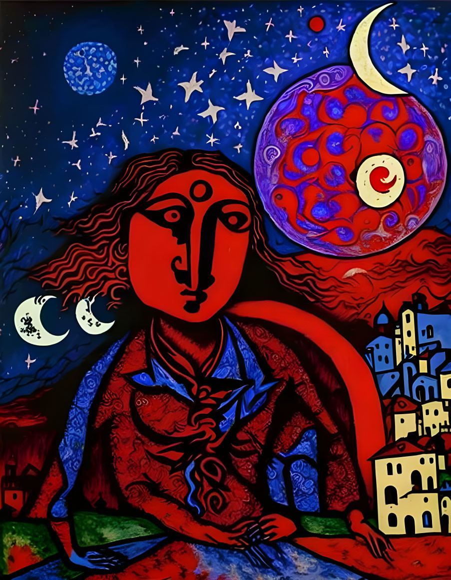 Colorful painting of red figure under night sky with large moon and stars, holding blue star near castle