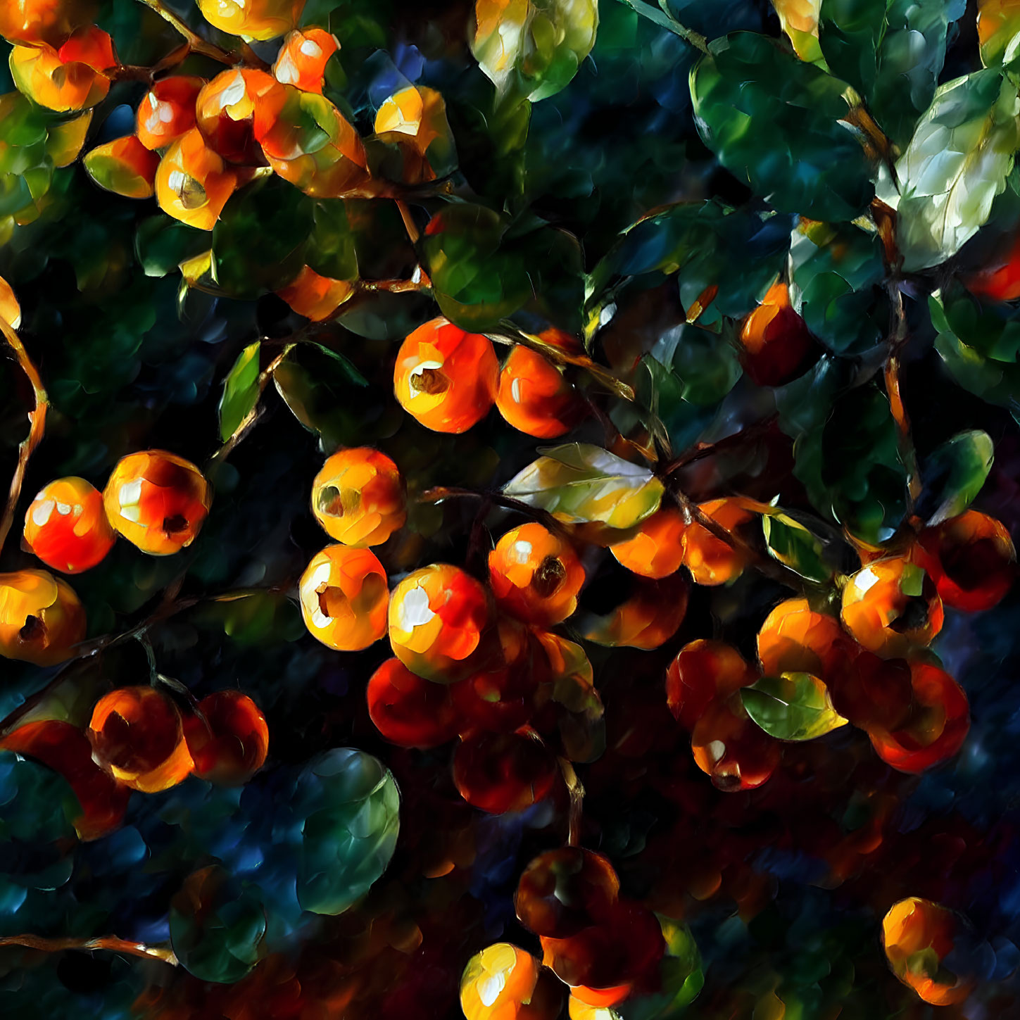 Colorful Impressionistic Painting of Sunlit Fruits and Leaves