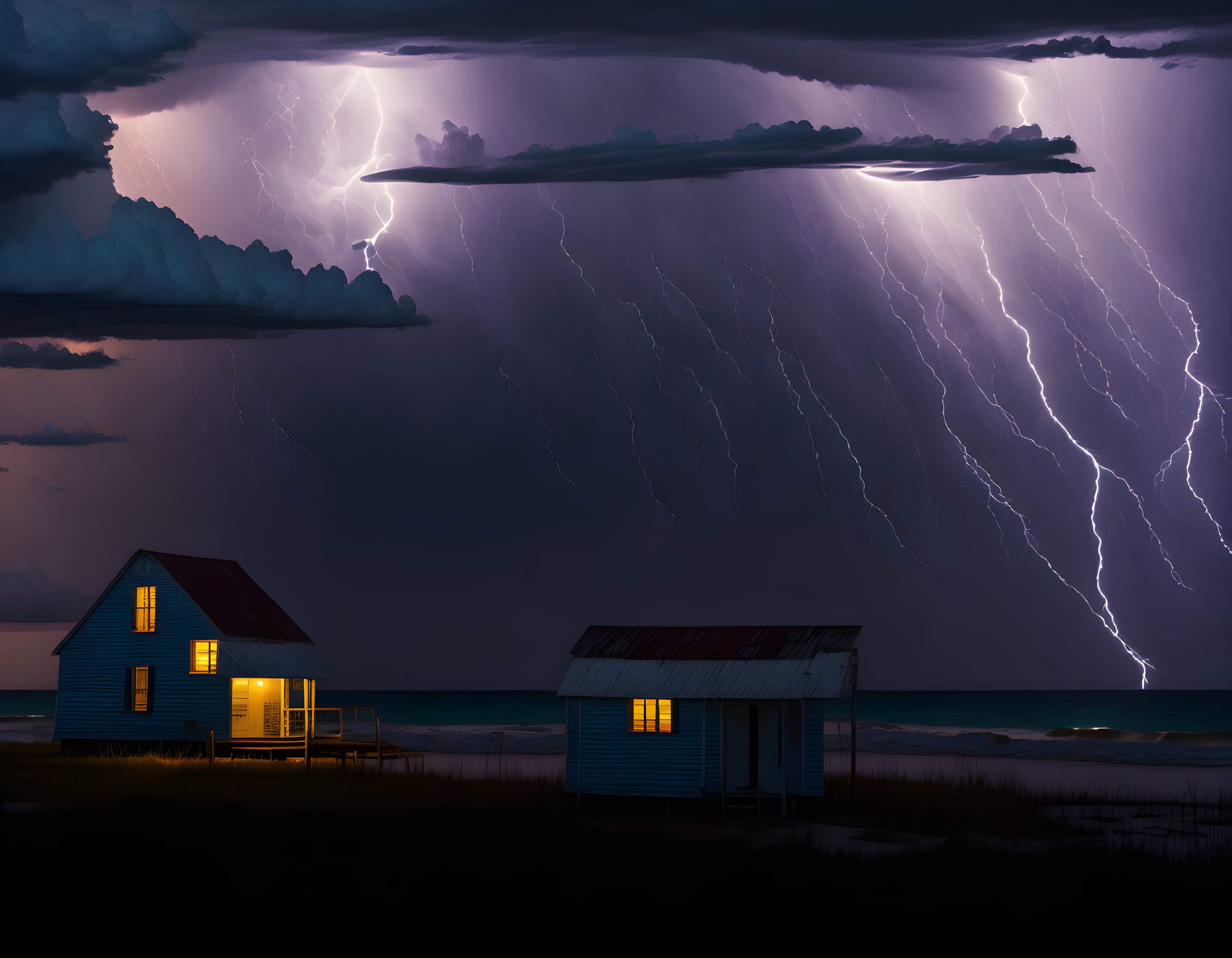 Dramatic night beach scene with two isolated houses under intense lightning strikes