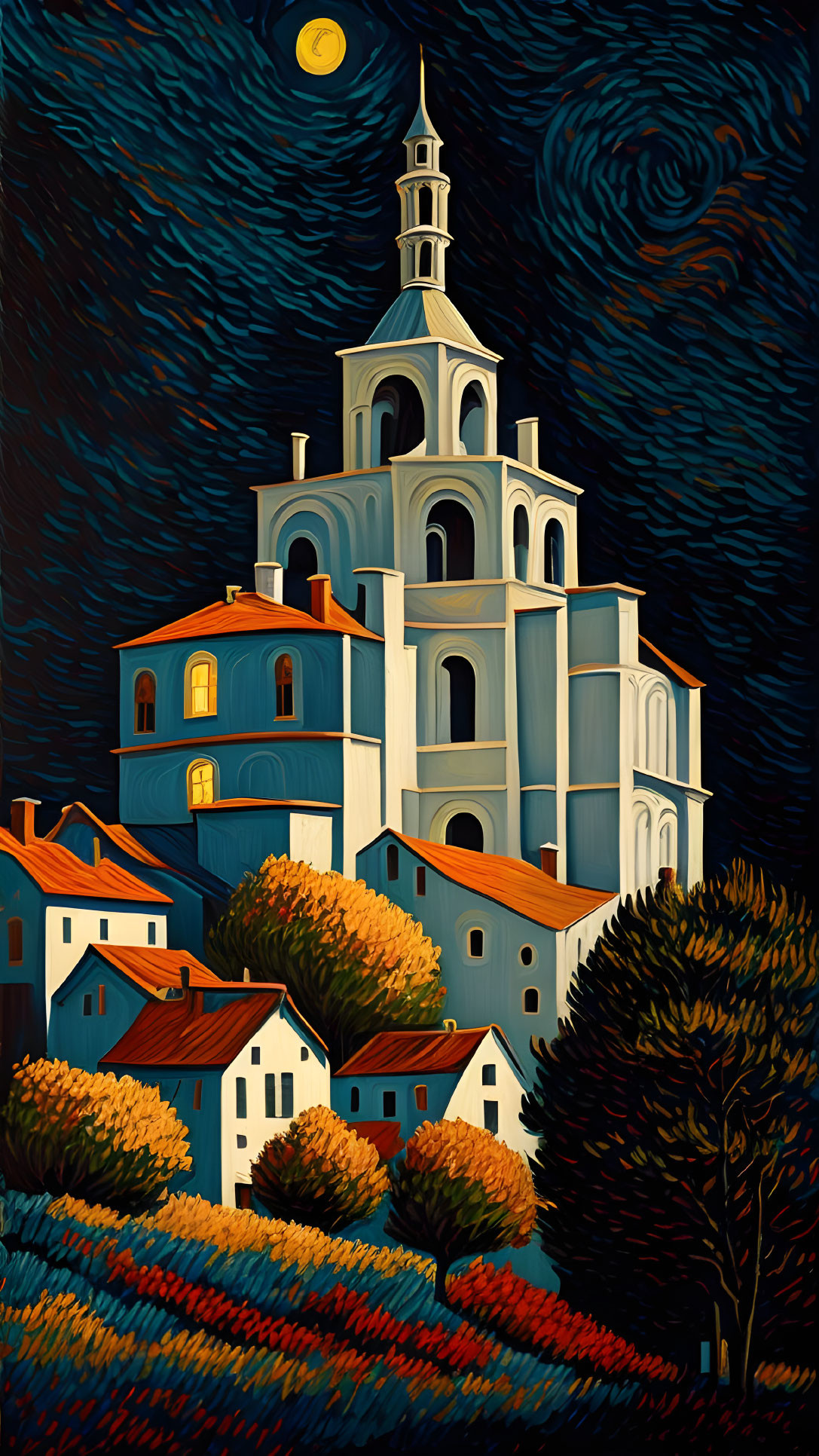 Starry night scene with blue church in town