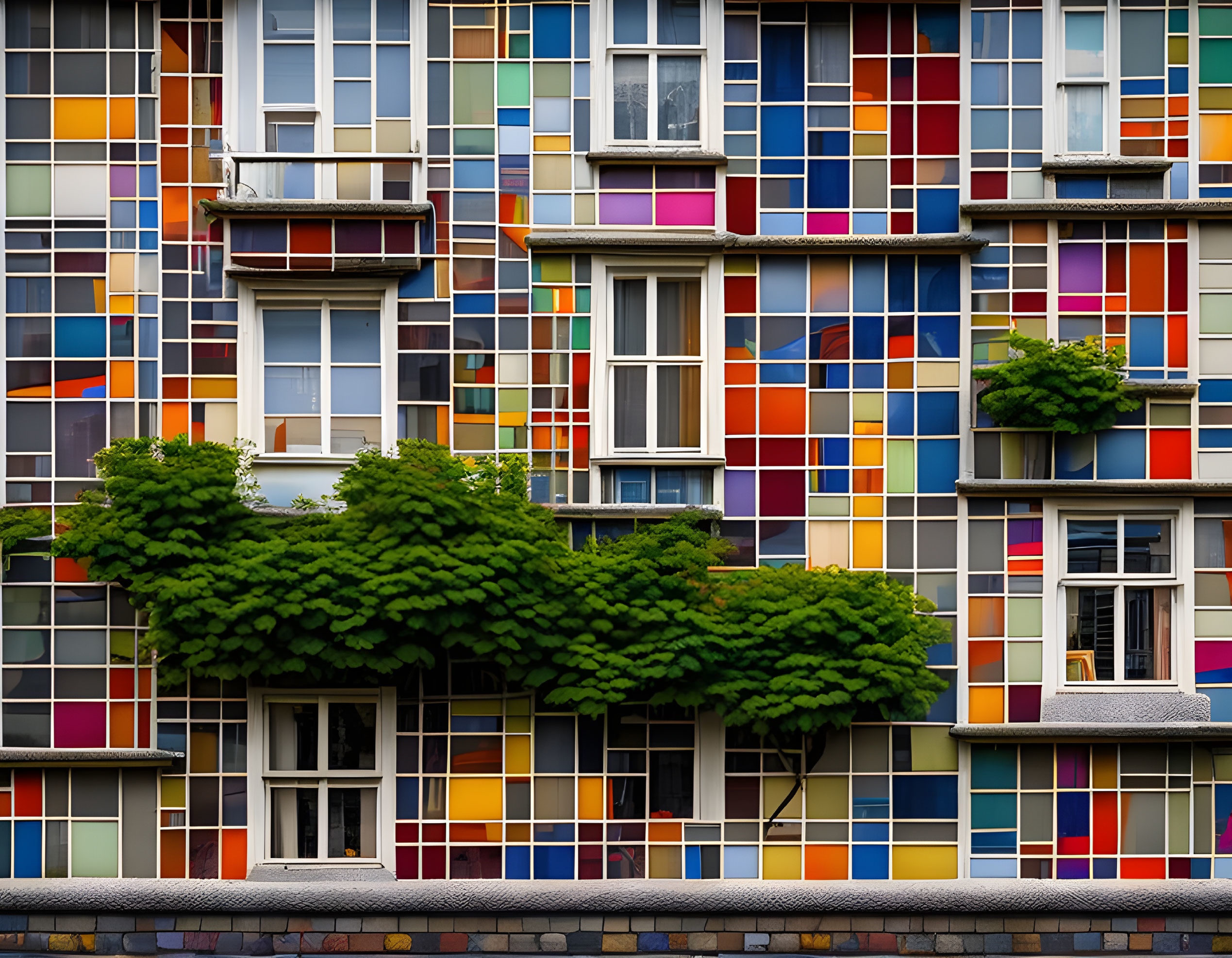 Multicolored tile mosaic on building facade with windows and green plants