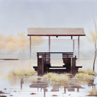 Tranquil lakeside gazebo illustration with autumn scenery