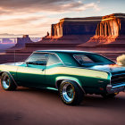 Vintage green muscle car in desert sunset with buttes and bushes.