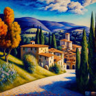 Tuscan landscape painting: cobblestone path, rolling hills, cypress trees