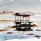 Tranquil landscape with wooden gazebo, reflective water, sparse trees, colorful foliage, and h