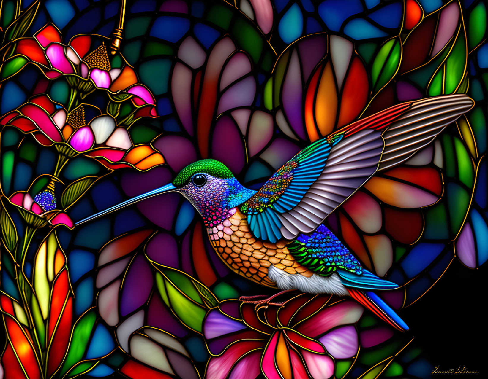 Vibrant hummingbird digital art with stained glass background