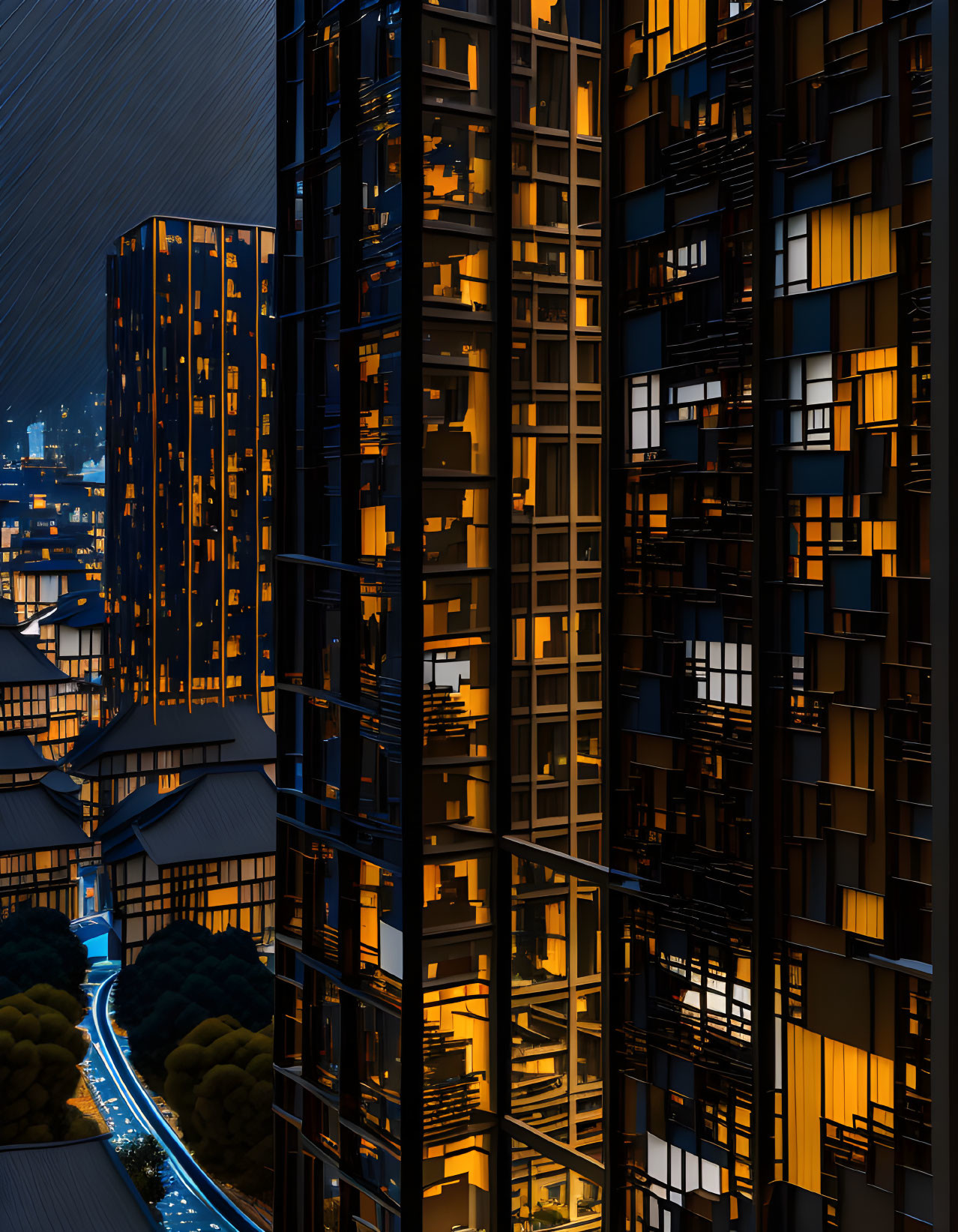 Illuminated high-rise buildings in nighttime cityscape