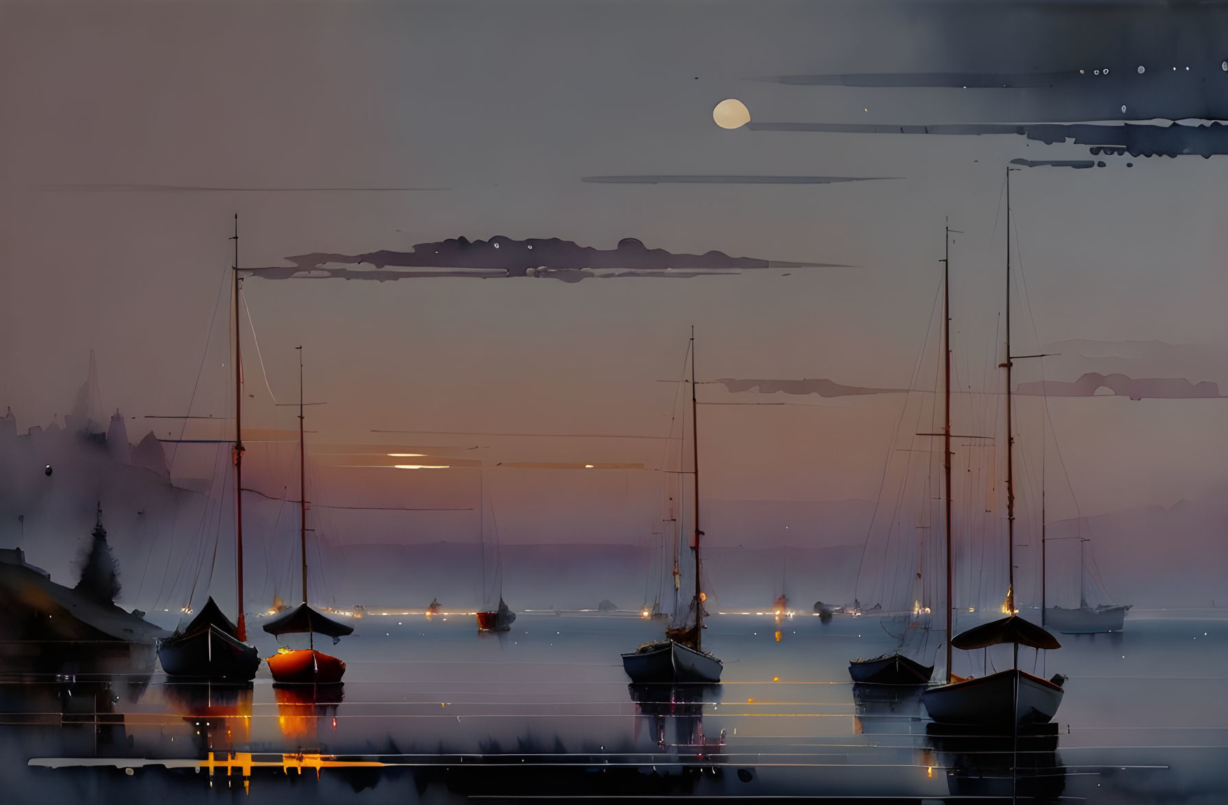 Harbor scene at dusk: boats, calm water, full moon, hazy background