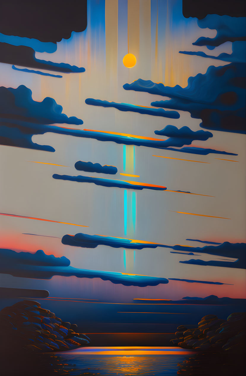 Surreal sunset painting with elongated clouds and water reflection