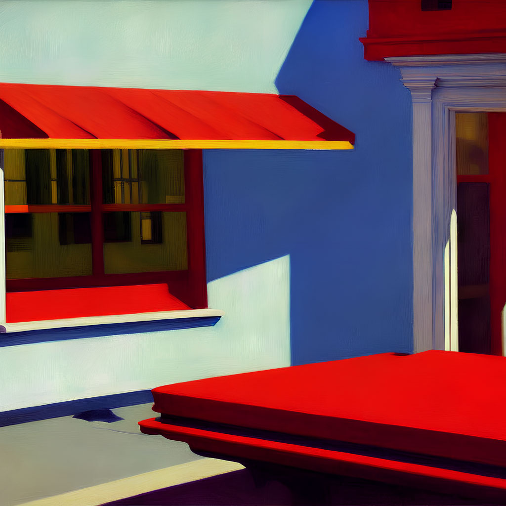 Colorful painting of building corner with red awning, blue walls, and red door.