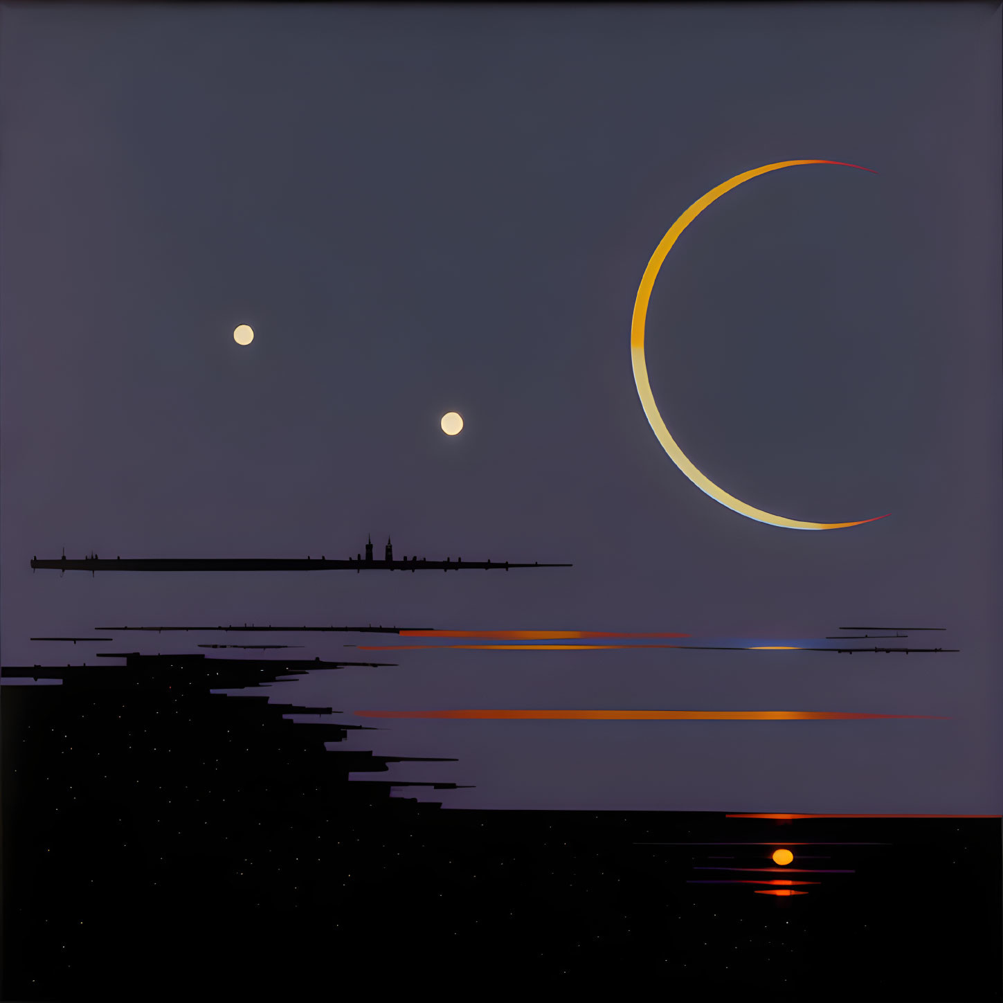 Stylized nighttime landscape with crescent moon and stars