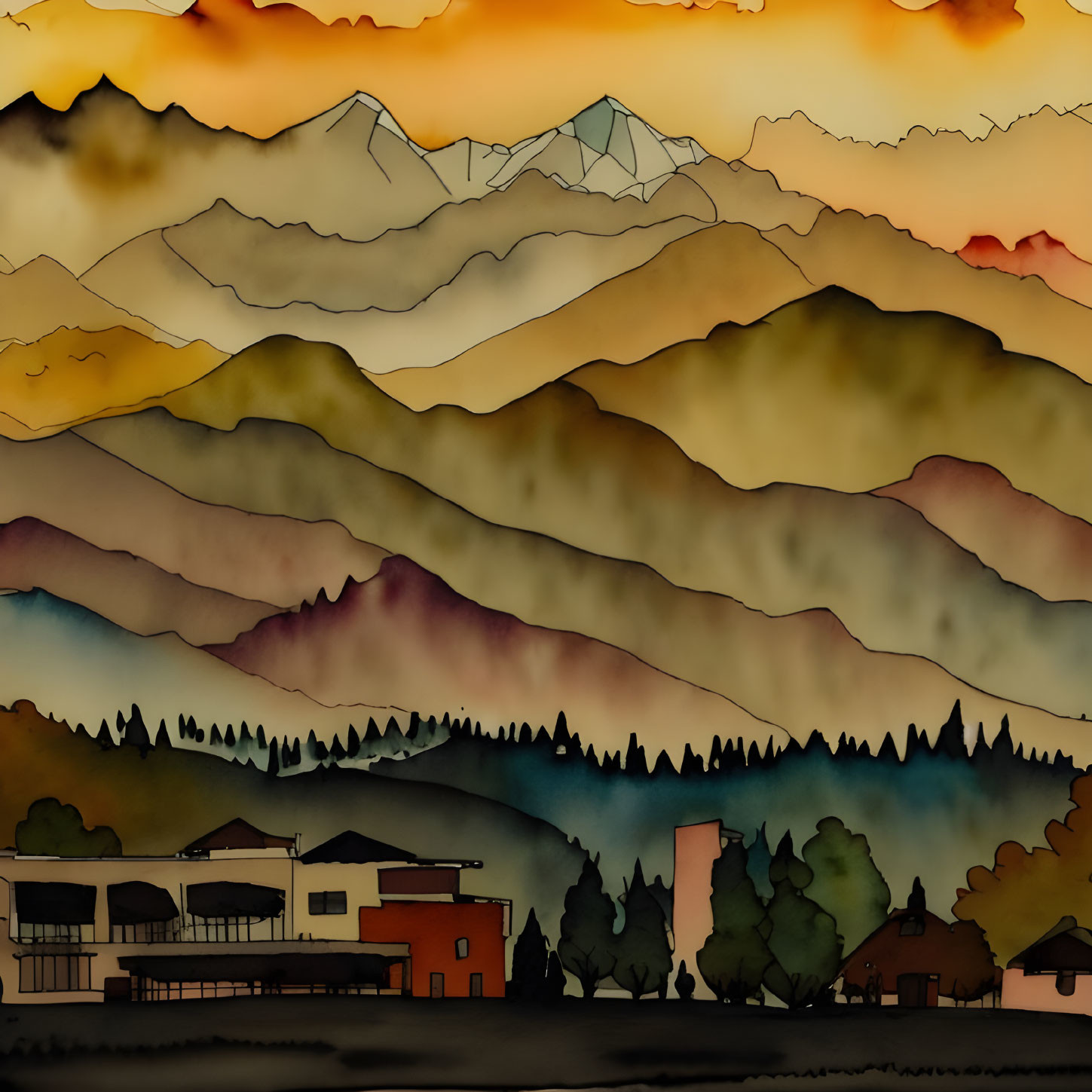 Mountainous Landscape Sunset with Layered Hills & Silhouetted Buildings