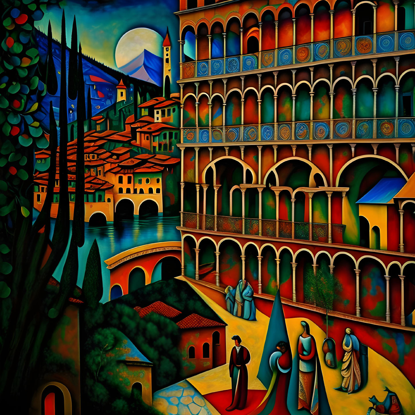 Colorful medieval European town painting with bridge, river, and period clothing.