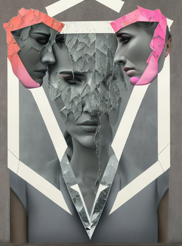 Surreal grayscale face with tears, flanked by pink profiles, amid geometric shapes