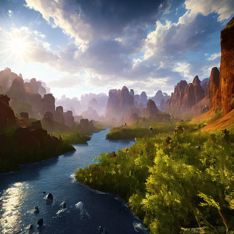 Tranquil river with lush greenery and dramatic rock formations under radiant sun