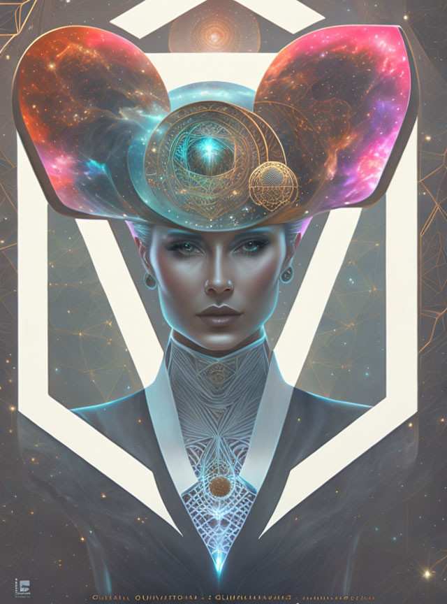 Futuristic portrait of woman with cosmic headgear and geometric patterns