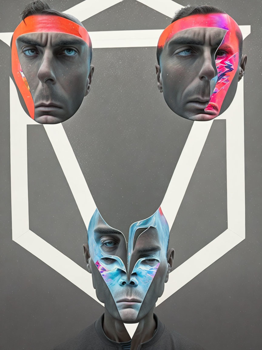 Surreal artwork: Three male faces, red-striped, blue-pink accents, white pentagon