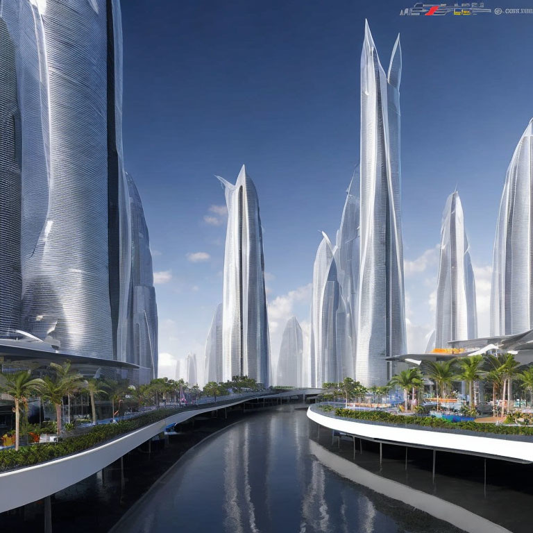 Futuristic cityscape with towering skyscrapers and palm-lined waterway