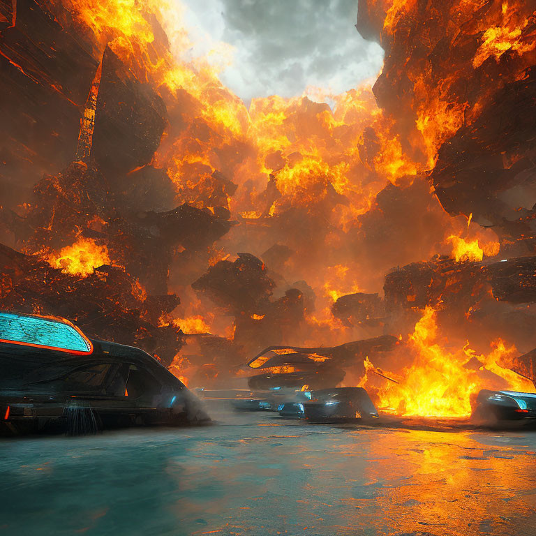 Futuristic cars racing in fiery canyon under apocalyptic sky