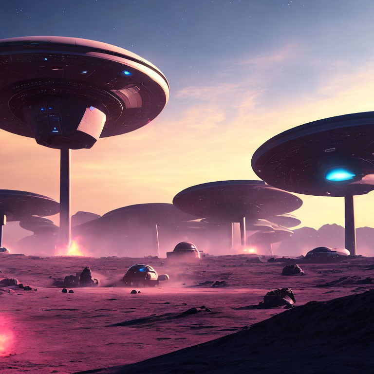 Futuristic landscape with towering mushroom-shaped structures and starry sky