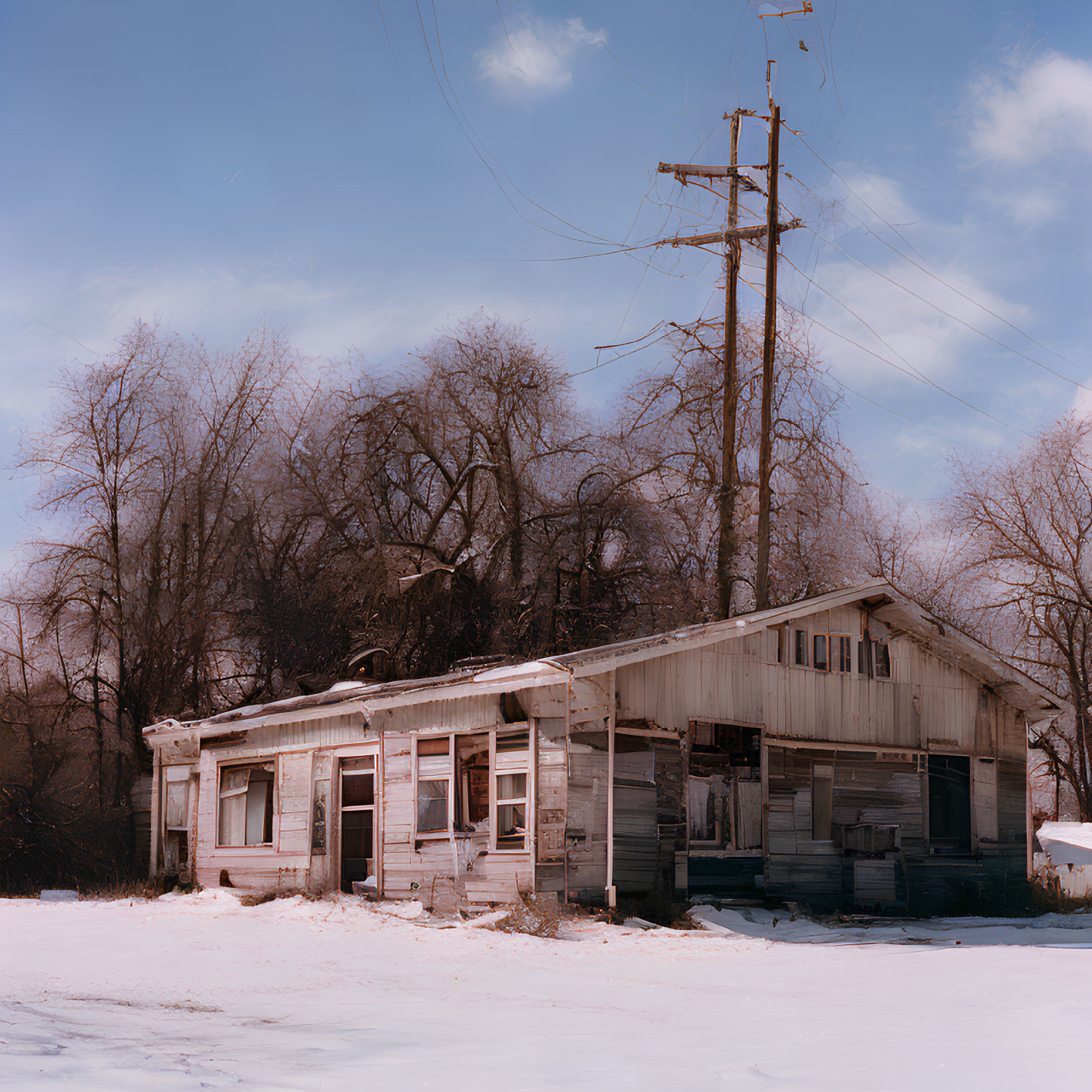 Abandoned wooden house in snowy landscape with utility pole