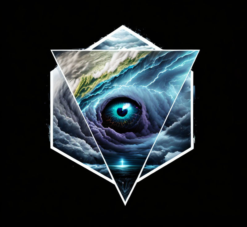 Surreal geometric eye in storm with nature and cosmos on black background