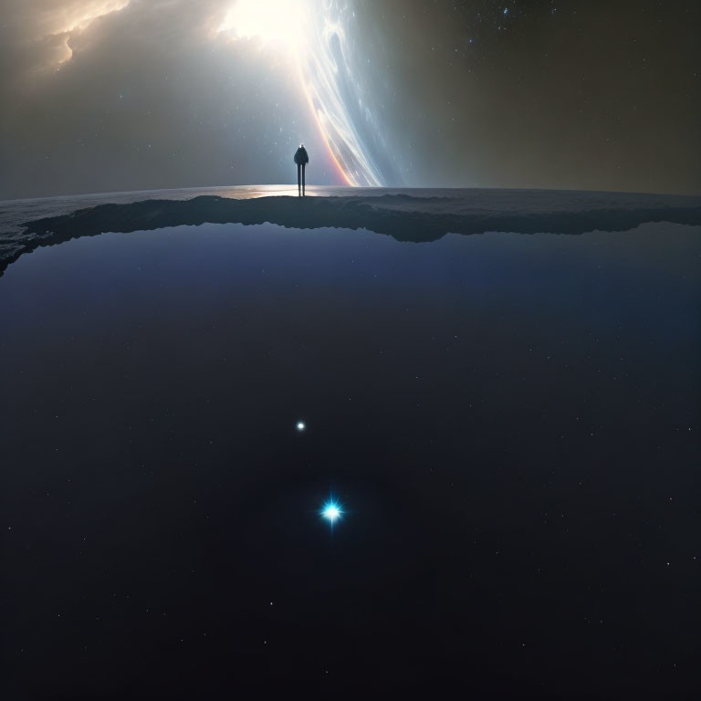 Solitary figure on cliff edge under cosmic sky