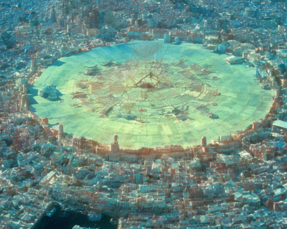 Circular holographic map projection of detailed city plan over urban landscape