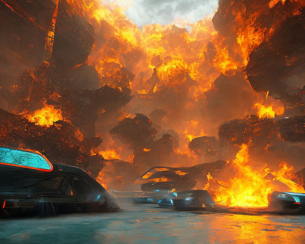 Futuristic cars racing in fiery canyon under apocalyptic sky