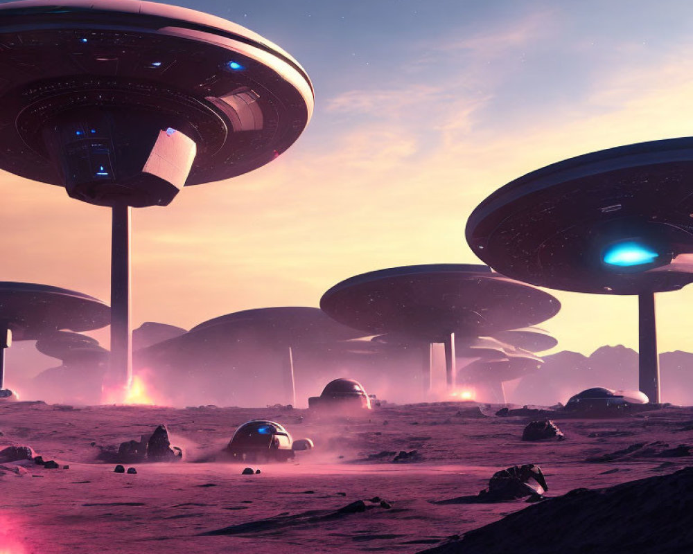 Futuristic landscape with towering mushroom-shaped structures and starry sky