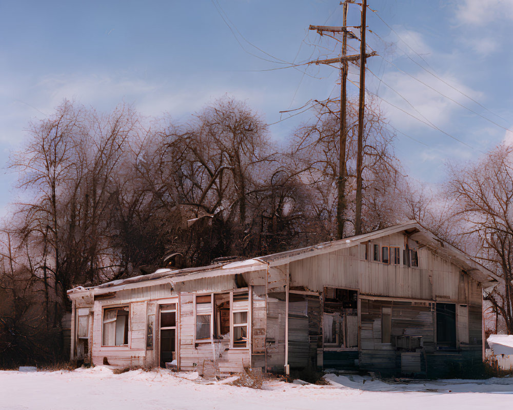 Abandoned wooden house in snowy landscape with utility pole