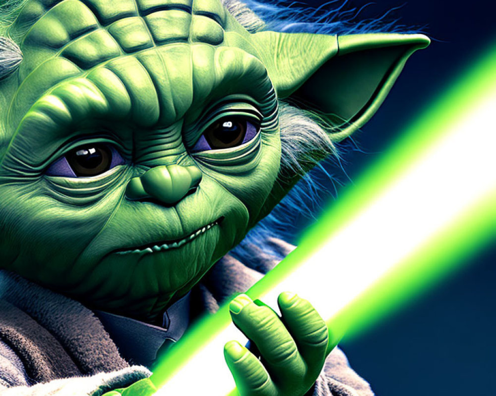 Detailed illustration: Character resembling Yoda holding green lightsaber