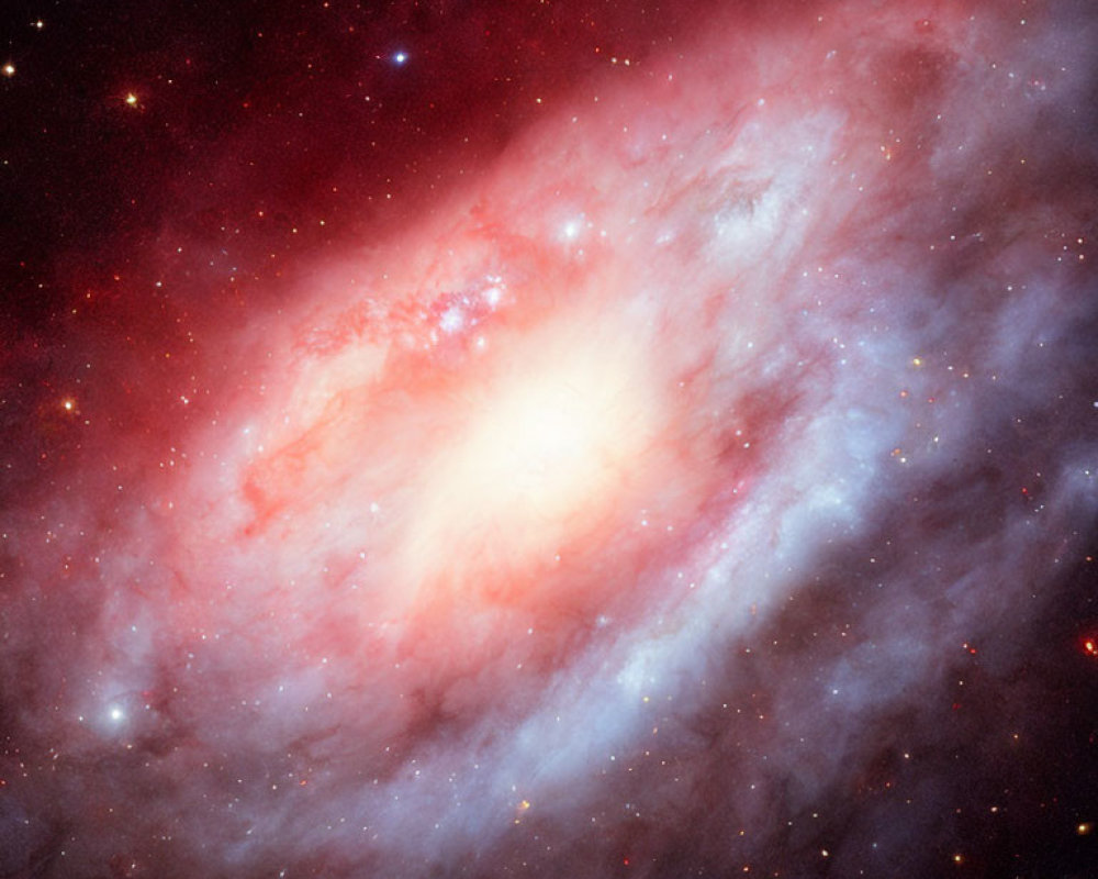 Colorful galaxy with red and white clouds, stars, and cosmic dust swirls.