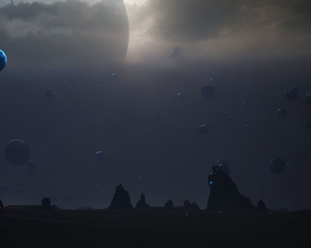 Sci-fi landscape with floating orbs and large planet in starlit sky