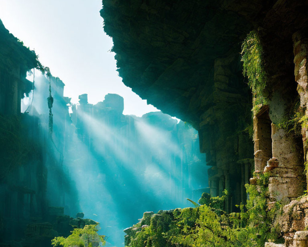 Sunlight illuminates ancient stone ruins in dense forest