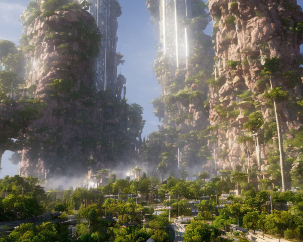 Futuristic cityscape with tree-like skyscrapers and waterfalls