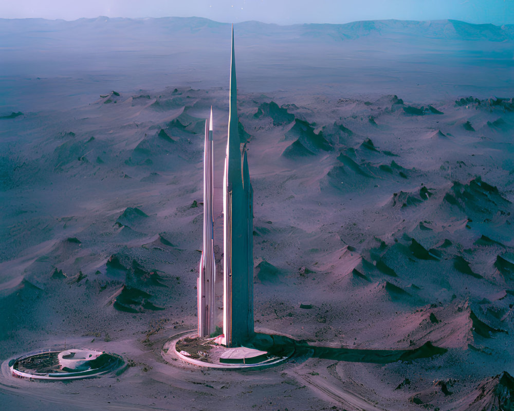 Futuristic tower on Mars-like landscape with circular structures and winding path