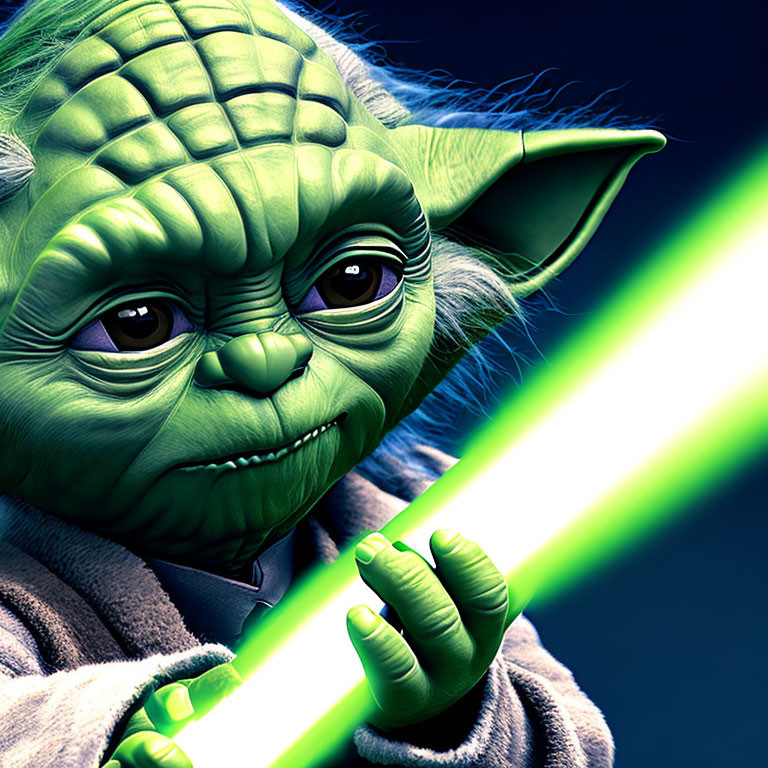 Detailed illustration: Character resembling Yoda holding green lightsaber