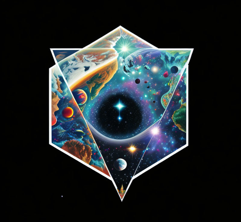 Colorful Cosmic Collage: Planets, Stars, Galaxies in Diamond Outline