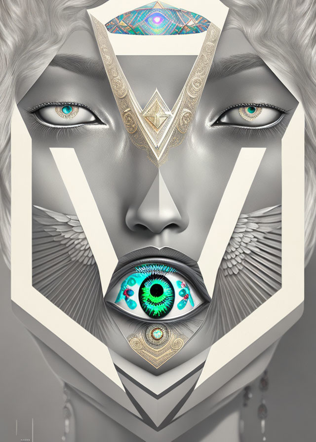 Symmetrical humanoid face with wings and geometric patterns in grayscale with blue accents